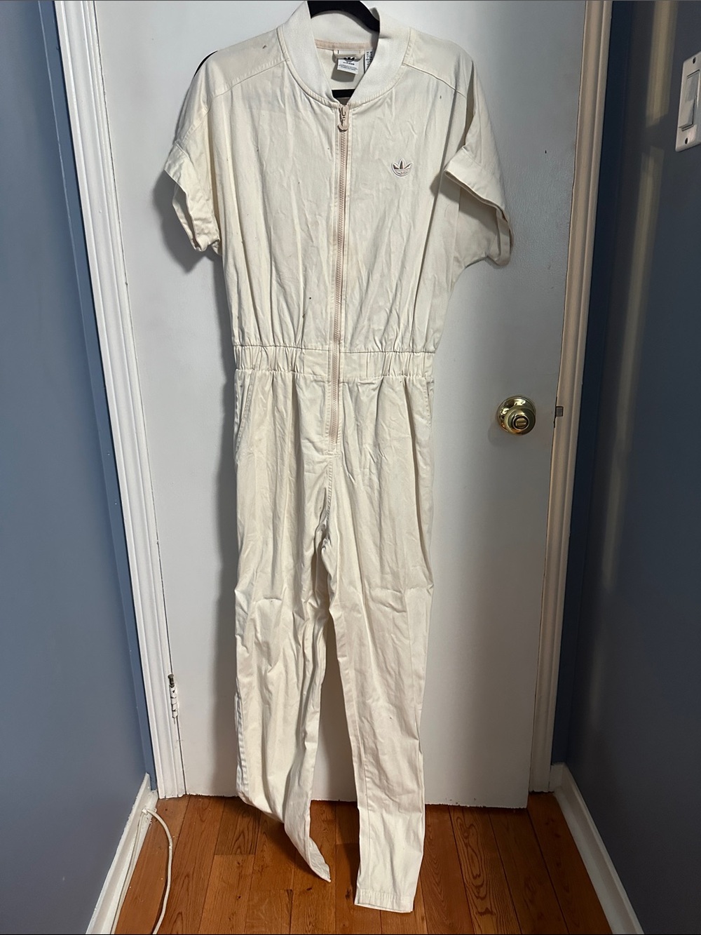 adidas Cream Short-Sleeve One-Piece Jumpsuit with Front Zip